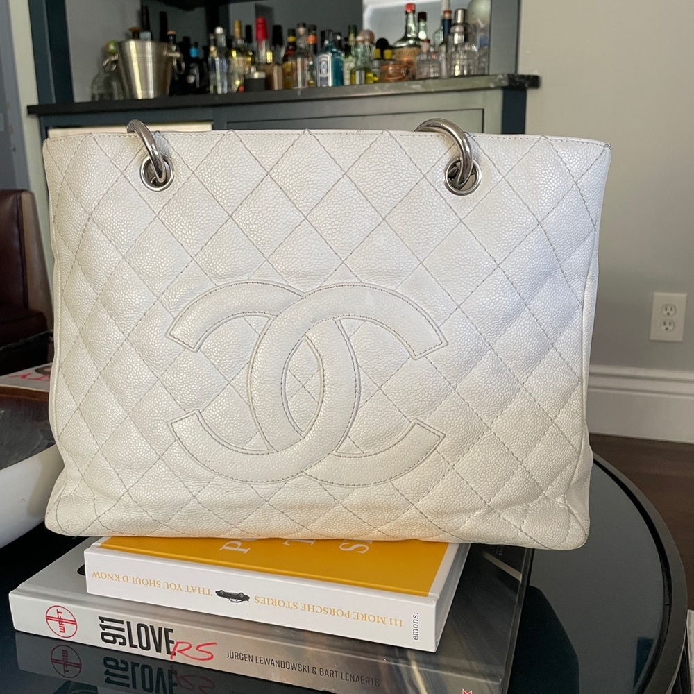 Authentic Chanel White Caviar Grand Shopping Tote